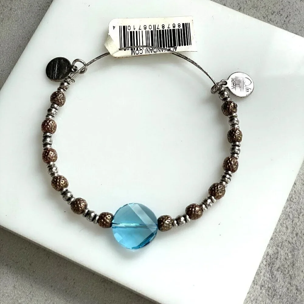 NWT Alex & Ani Sky Blue Crystal Two Tone Bead Adjustable Bangle Bracelet